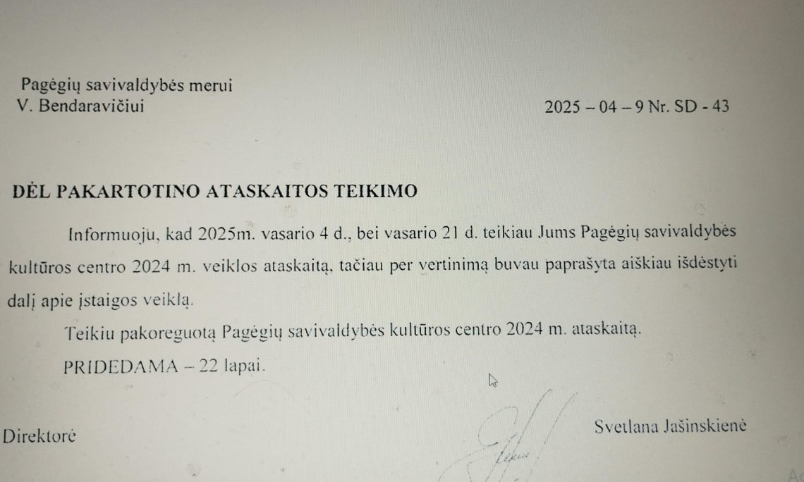 Dingusi Pagėgių kultūros centro vadovės ataskaita